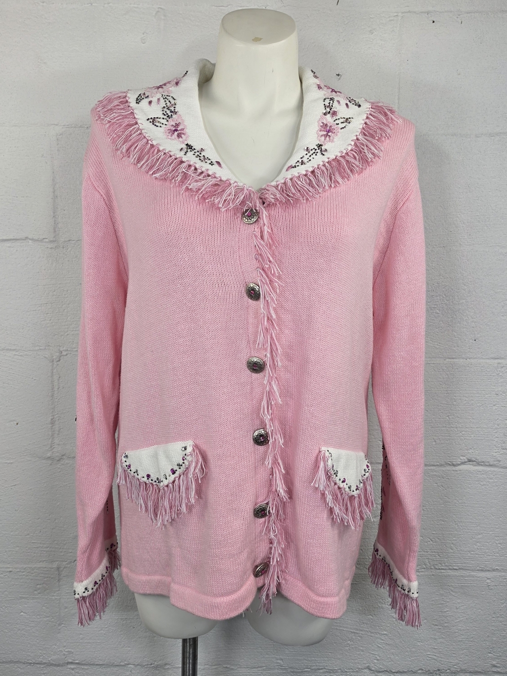 Storybook Knits Pink Fringe Trim Novelty Cardigan Sweater